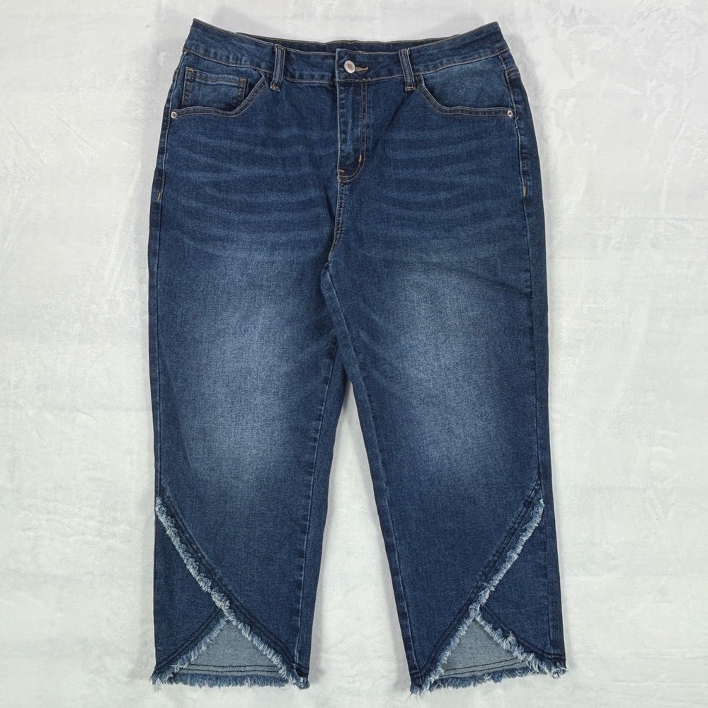 Sidefeel Womens Frayed Tulip Hem Denim Capri Jeans Medium Wash Blue Size 14